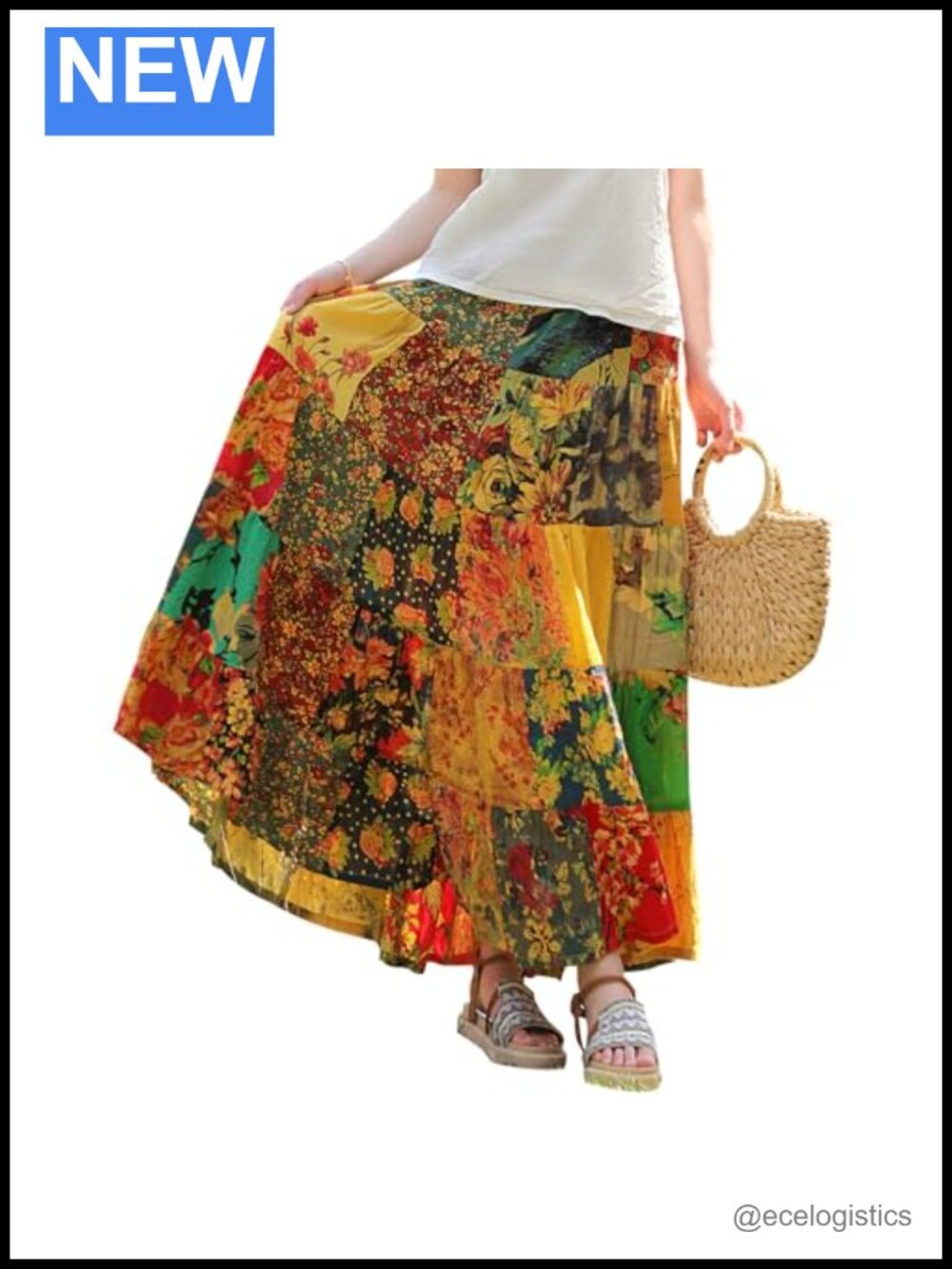 Cotton Linen Maxi Skirt Elastic High Waist Patchwork Bohemian Summer Beach